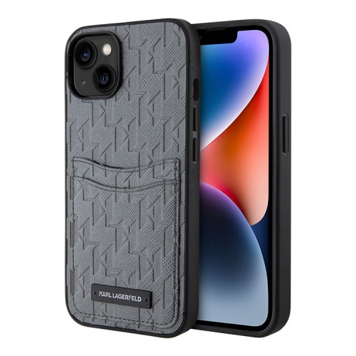 Чехол Lagerfeld PU Saffiano Monogram with Cardslot Hard для iPhone 14, серебристый