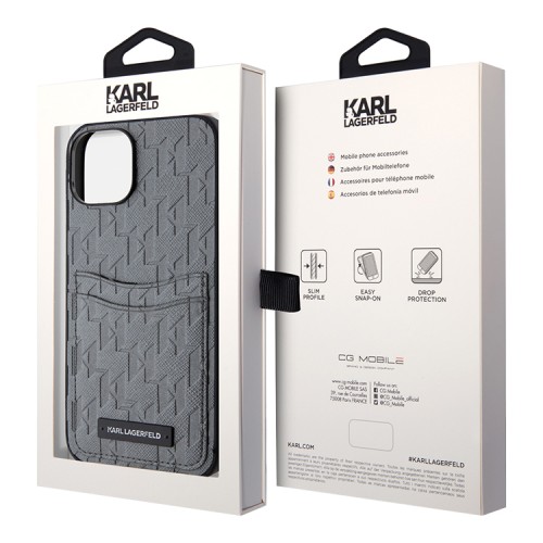 Чехол Lagerfeld PU Saffiano Monogram with Cardslot Hard для iPhone 14, серебристый