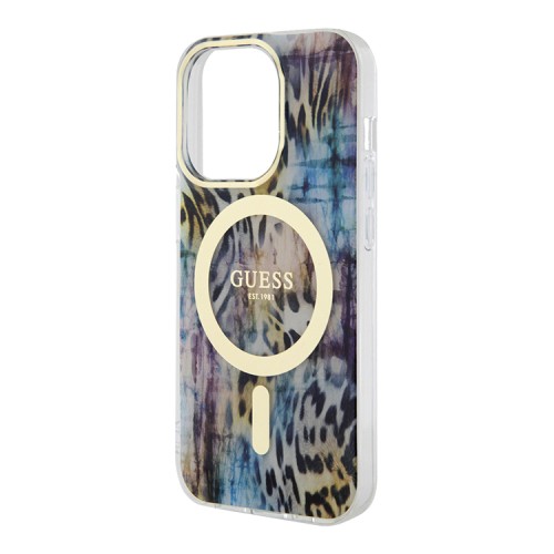 Чехол Guess Leopard Hard для iPhone 14 Pro Max, синий/золотой (MagSafe)