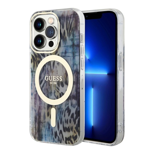 Чехол Guess Leopard Hard для iPhone 14 Pro Max, синий/золотой (MagSafe)