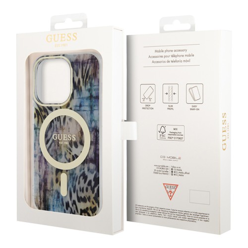 Чехол Guess Leopard Hard для iPhone 14 Pro Max, синий/золотой (MagSafe)