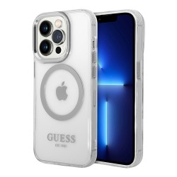 Guess для iPhone 15 Pro чехол PC/TPU Metal outline Hard Transparent/Silver (MagSafe)