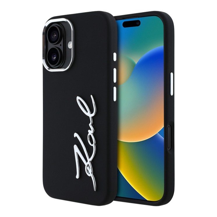 Karl Lagerfeld для iPhone 16 Plus чехол Liquid silicone Signature Metal logo & Camera frame Hard Black