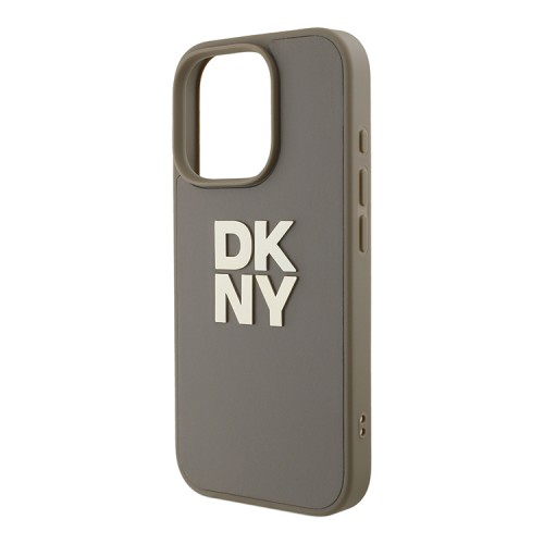 DKNY для iPhone 16 Pro Max чехол PU Stack metal logo Hard + Hand strap Beige