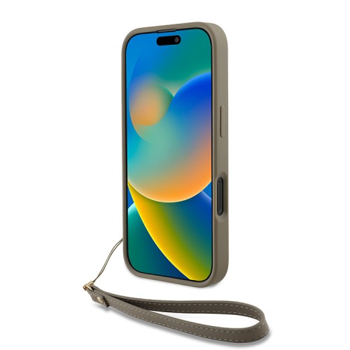 DKNY для iPhone 16 Pro Max чехол PU Stack metal logo Hard + Hand strap Beige