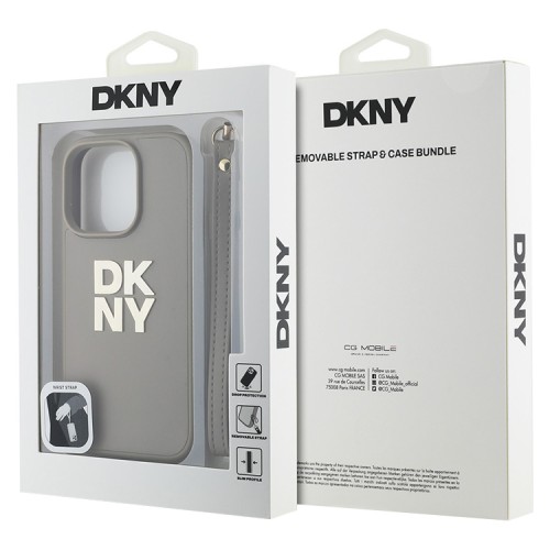 DKNY для iPhone 16 Pro Max чехол PU Stack metal logo Hard + Hand strap Beige