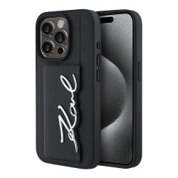 Karl Lagerfeld для iPhone 15 Pro Max чехол Cardslot PU Grained leather Metal Signature Hard Black