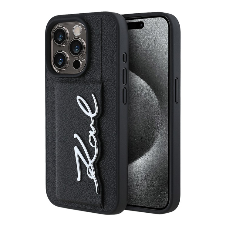 Karl Lagerfeld для iPhone 15 Pro Max чехол Cardslot PU Grained leather Metal Signature Hard Black