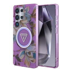 Guess для Galaxy S25 Ultra чехол PC/TPU Glitter Flowers Triangle logo Hard Purple (MagSafe)