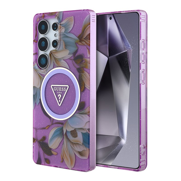 Guess для Galaxy S25 Ultra чехол PC/TPU Glitter Flowers Triangle logo Hard Purple (MagSafe)