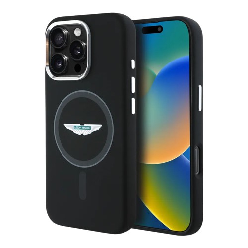 Aston Martin для iPhone 16 Pro чехол Liquid Silicone Grey Circle Metal Cam Hard Black (MagSafe)
