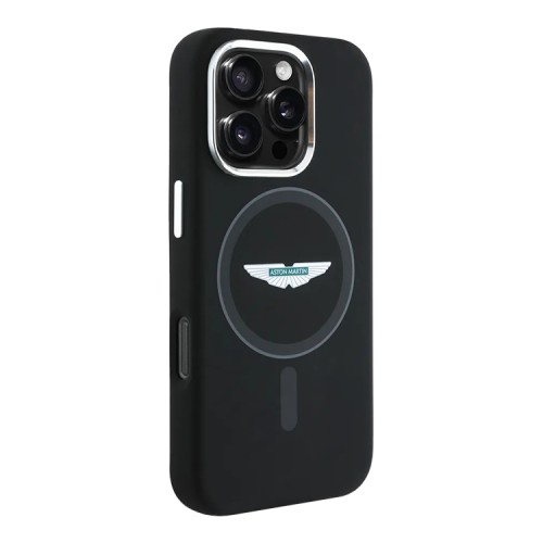 Aston Martin для iPhone 16 Pro чехол Liquid Silicone Grey Circle Metal Cam Hard Black (MagSafe)