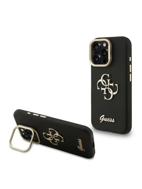 Guess для iPhone 16 Pro Max чехол PU Grained leather 4G Big metal logo and Camera Stand Hard Black