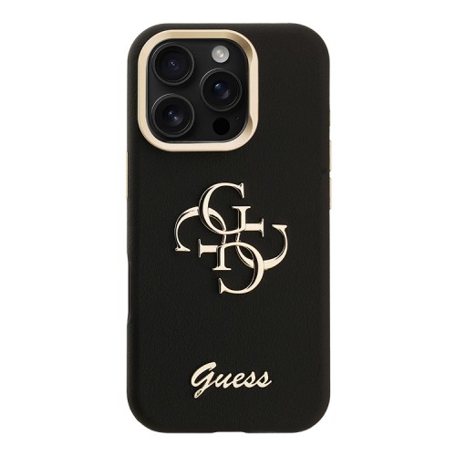Guess для iPhone 16 Pro Max чехол PU Grained leather 4G Big metal logo and Camera Stand Hard Black