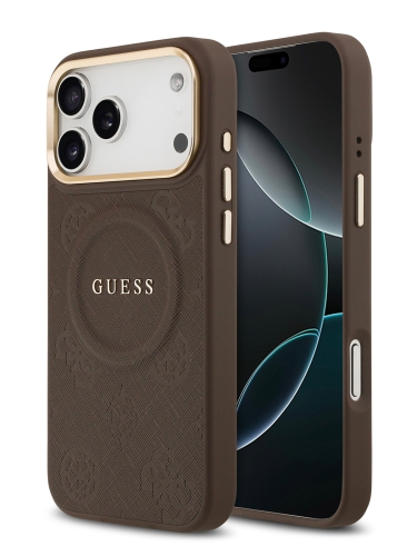Guess для iPhone 17 Pro чехол PU Saffiano Peony Metal logo Gold camera Hard Brown (MagSafe)