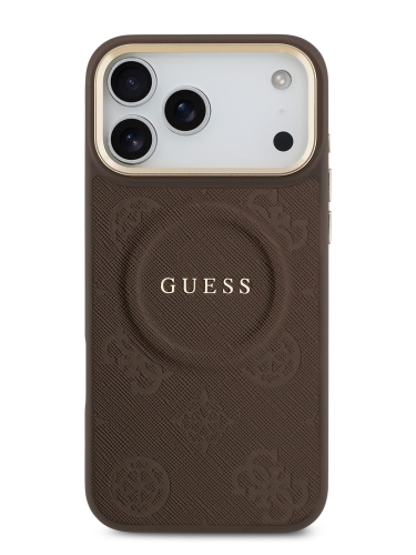 Guess для iPhone 17 Pro чехол PU Saffiano Peony Metal logo Gold camera Hard Brown (MagSafe)