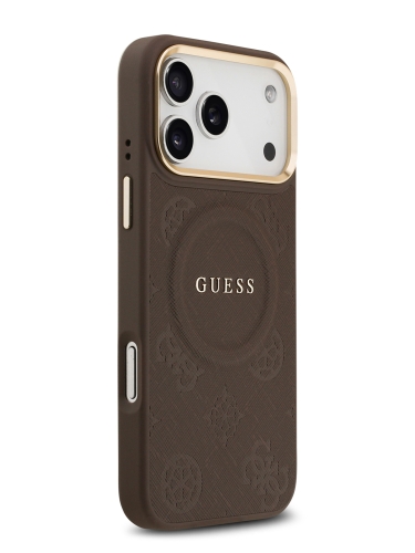 Guess для iPhone 17 Pro чехол PU Saffiano Peony Metal logo Gold camera Hard Brown (MagSafe)