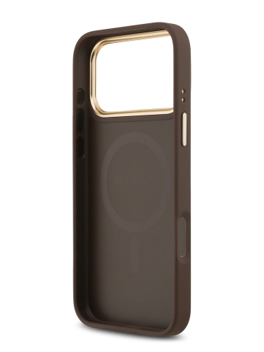 Guess для iPhone 17 Pro чехол PU Saffiano Peony Metal logo Gold camera Hard Brown (MagSafe)