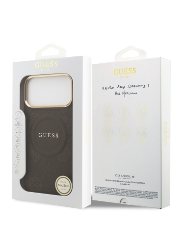 Guess для iPhone 17 Pro чехол PU Saffiano Peony Metal logo Gold camera Hard Brown (MagSafe)