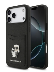 Karl Lagerfeld для iPhone 17 Pro чехол PU Saffiano NFT Karl &amp; Choup metal with Cardslot  Hard Black