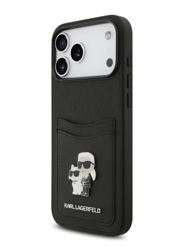 Karl Lagerfeld для iPhone 17 Pro чехол PU Saffiano NFT Karl & Choup metal with Cardslot  Hard Black