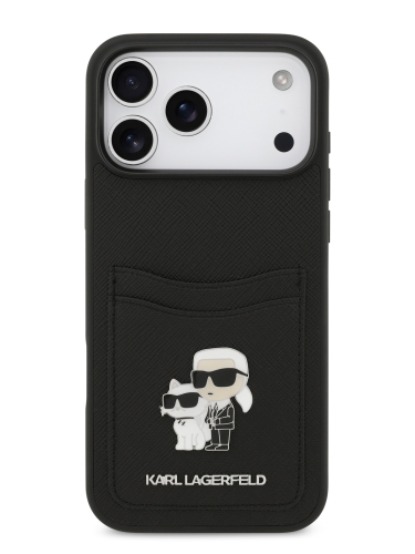 Karl Lagerfeld для iPhone 17 Pro чехол PU Saffiano NFT Karl & Choup metal with Cardslot  Hard Black
