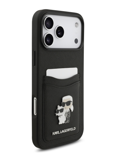 Karl Lagerfeld для iPhone 17 Pro чехол PU Saffiano NFT Karl & Choup metal with Cardslot  Hard Black