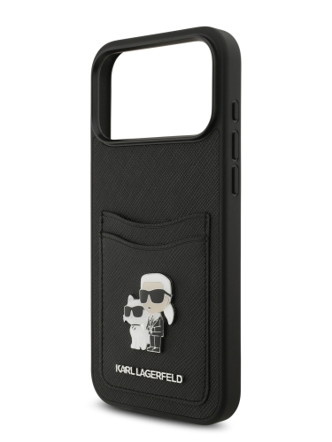 Karl Lagerfeld для iPhone 17 Pro чехол PU Saffiano NFT Karl & Choup metal with Cardslot  Hard Black