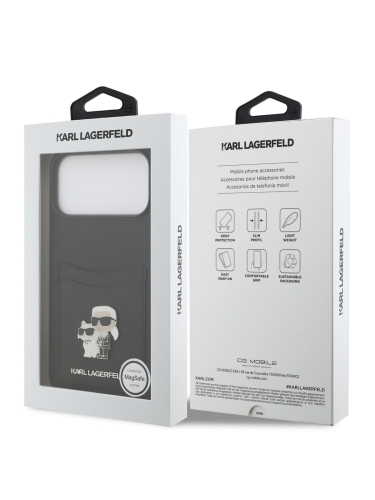 Karl Lagerfeld для iPhone 17 Pro чехол PU Saffiano NFT Karl & Choup metal with Cardslot  Hard Black