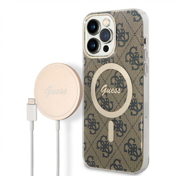 Комплект Guess Bundle чехол 4G MagSafe для iPhone 14 Pro Max + зарядное Magsafe wireless charger, коричневый/золотой