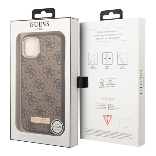 Чехол Guess PU 4G Plate metal logo Hard для iPhone 14 Plus, коричневый (Magsafe)