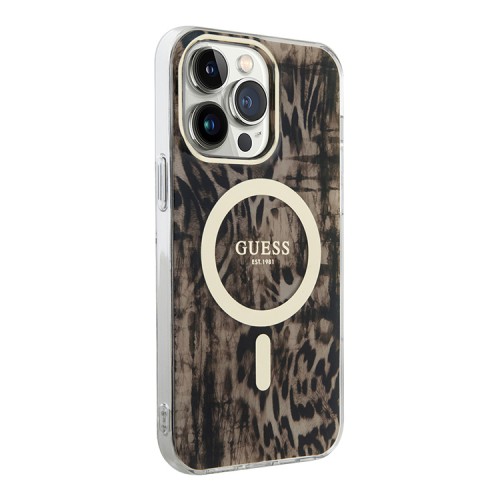 Чехол Guess Leopard Hard для iPhone 14 Pro Max, коричневый/золотой (MagSafe)