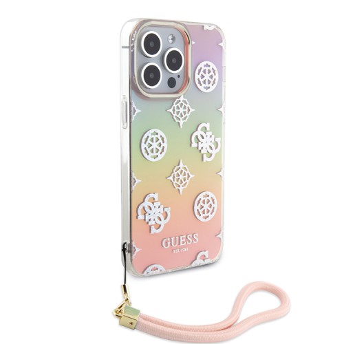 Guess для iPhone 15 Pro чехол PC/TPU Peony glitter +Nylon Hand cord Hard Iridescent Pink