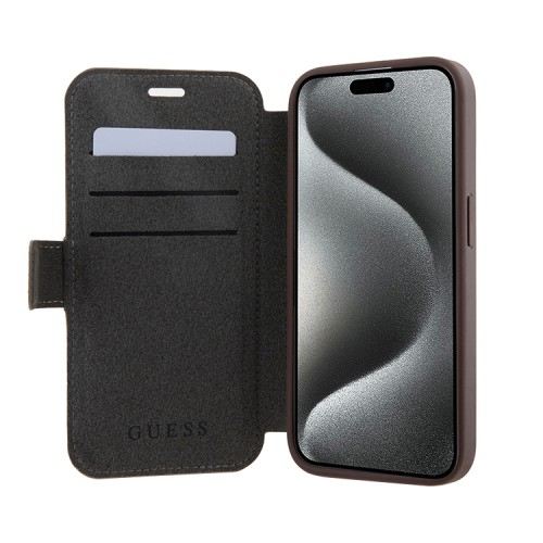 Guess для iPhone 15 Pro чехол PU 4G Big metal logo Booktype Brown