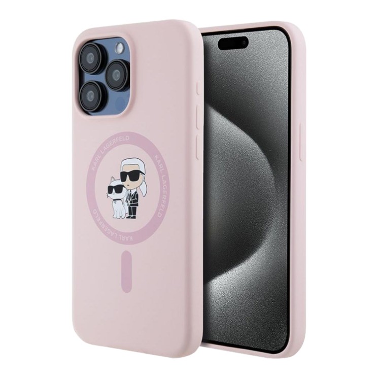 Karl Lagerfeld для iPhone 15 Pro чехол Liquid Silicone NFT Karl & Choupette Body Hard Pink (MagSafe)