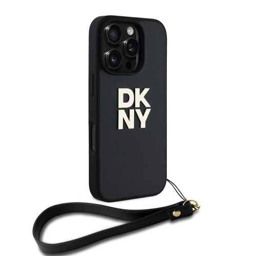 DKNY для iPhone 16 Pro Max чехол PU Stack metal logo Hard + Hand strap Black