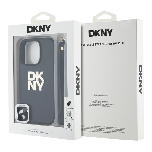 DKNY для iPhone 16 Pro Max чехол PU Stack metal logo Hard + Hand strap Black