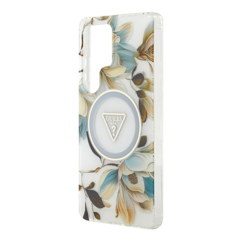 Guess для Galaxy S25 Ultra чехол PC/TPU Glitter Flowers Triangle logo Hard White (MagSafe)