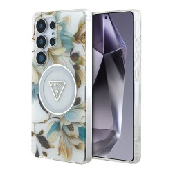 Guess для Galaxy S25 Ultra чехол PC/TPU Glitter Flowers Triangle logo Hard White (MagSafe)