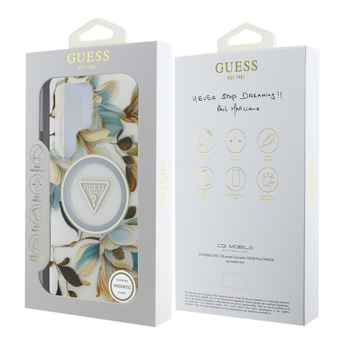 Guess для Galaxy S25 Ultra чехол PC/TPU Glitter Flowers Triangle logo Hard White (MagSafe)