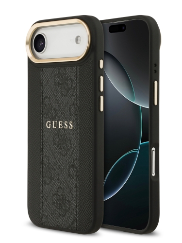 Guess для iPhone Air чехол PU 4G Stripe Classic metal logo Gold camera Hard Black (MagSafe)