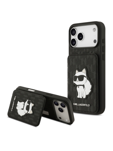 Karl Lagerfeld для iPhone 17 Pro Max чехол Cardslot Stand PU Saffiano Monogram NFT Choupette Hard Black