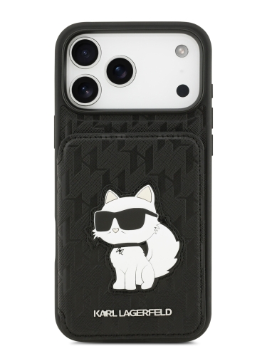 Karl Lagerfeld для iPhone 17 Pro Max чехол Cardslot Stand PU Saffiano Monogram NFT Choupette Hard Black