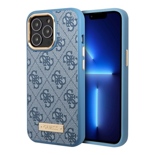 Чехол Guess PU 4G Plate metal logo Hard для iPhone 13 Pro, голубой (Magsafe)