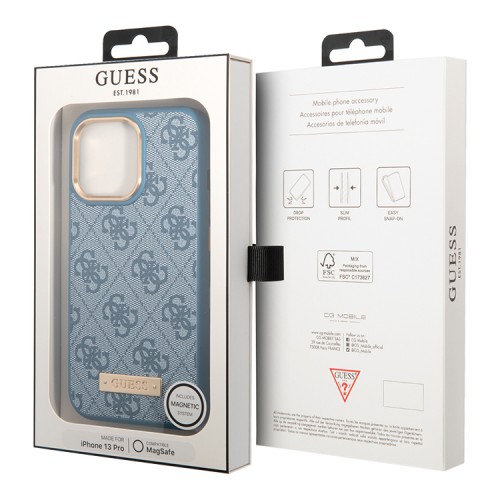 Чехол Guess PU 4G Plate metal logo Hard для iPhone 13 Pro, голубой (Magsafe)