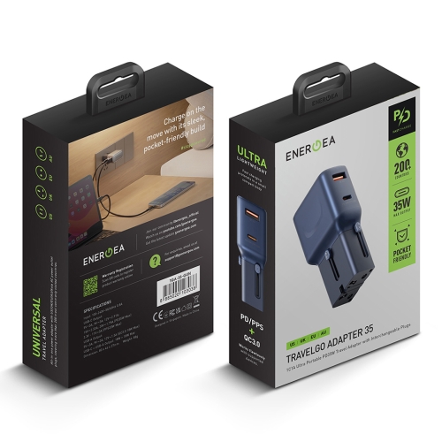 Energea СЗУ TravelGo adapter 35, USB-C + USB-A, PD35W 150 countries Blue