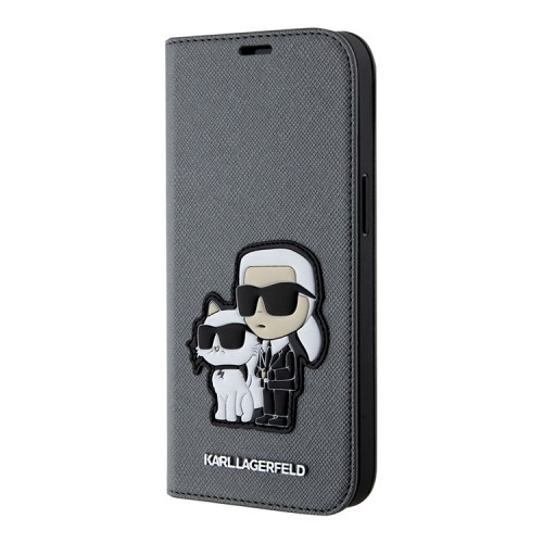 Чехол Lagerfeld PU Saffiano NFT Karl & Choupette Booktype для iPhone 14, серебристый