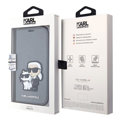 Чехол Lagerfeld PU Saffiano NFT Karl & Choupette Booktype для iPhone 14, серебристый