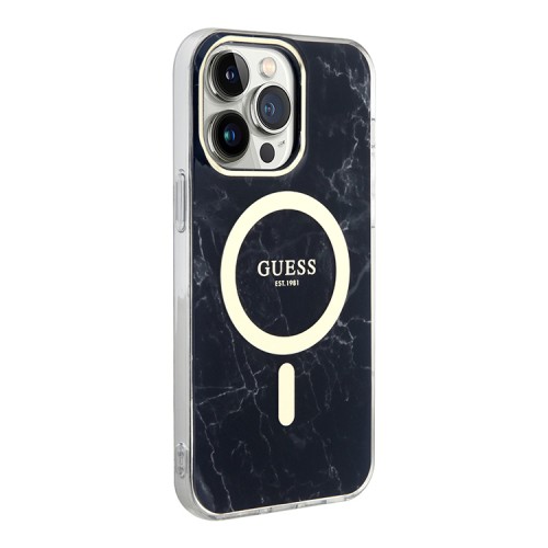 Чехол Guess Marble Hard для iPhone 14 Pro Max, черный/золотой (MagSafe)