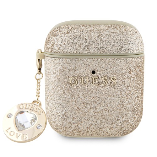 Guess для Airpods 1/2 чехол Fixed Glitters with Heart Diamond charm Light Gold